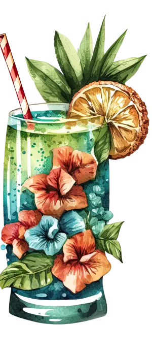 A tiki mug with hibiscus flowers and an orange slice.